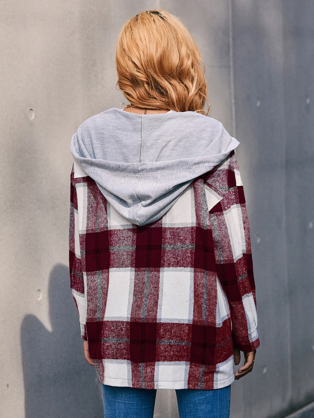 Plaid Dropped Shoulder Hooded Jacket  - Doll Fits