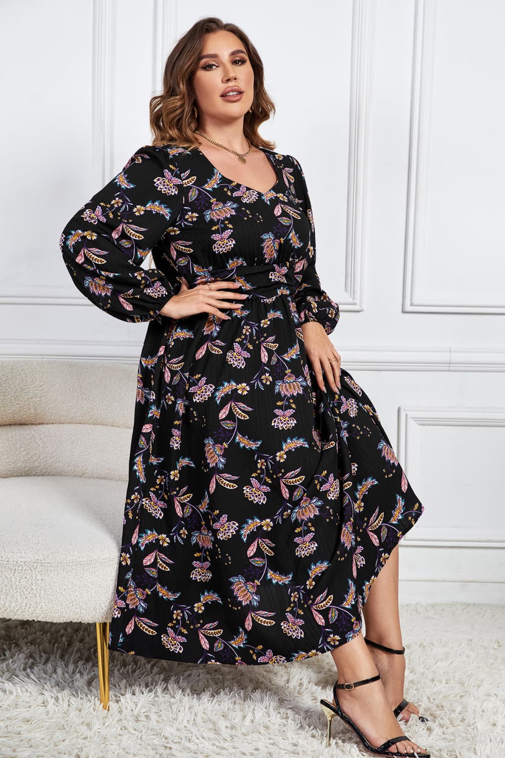 Melo Apparel Plus Size Floral Print Long Sleeve Midi Dress  Dresses- Doll Fits