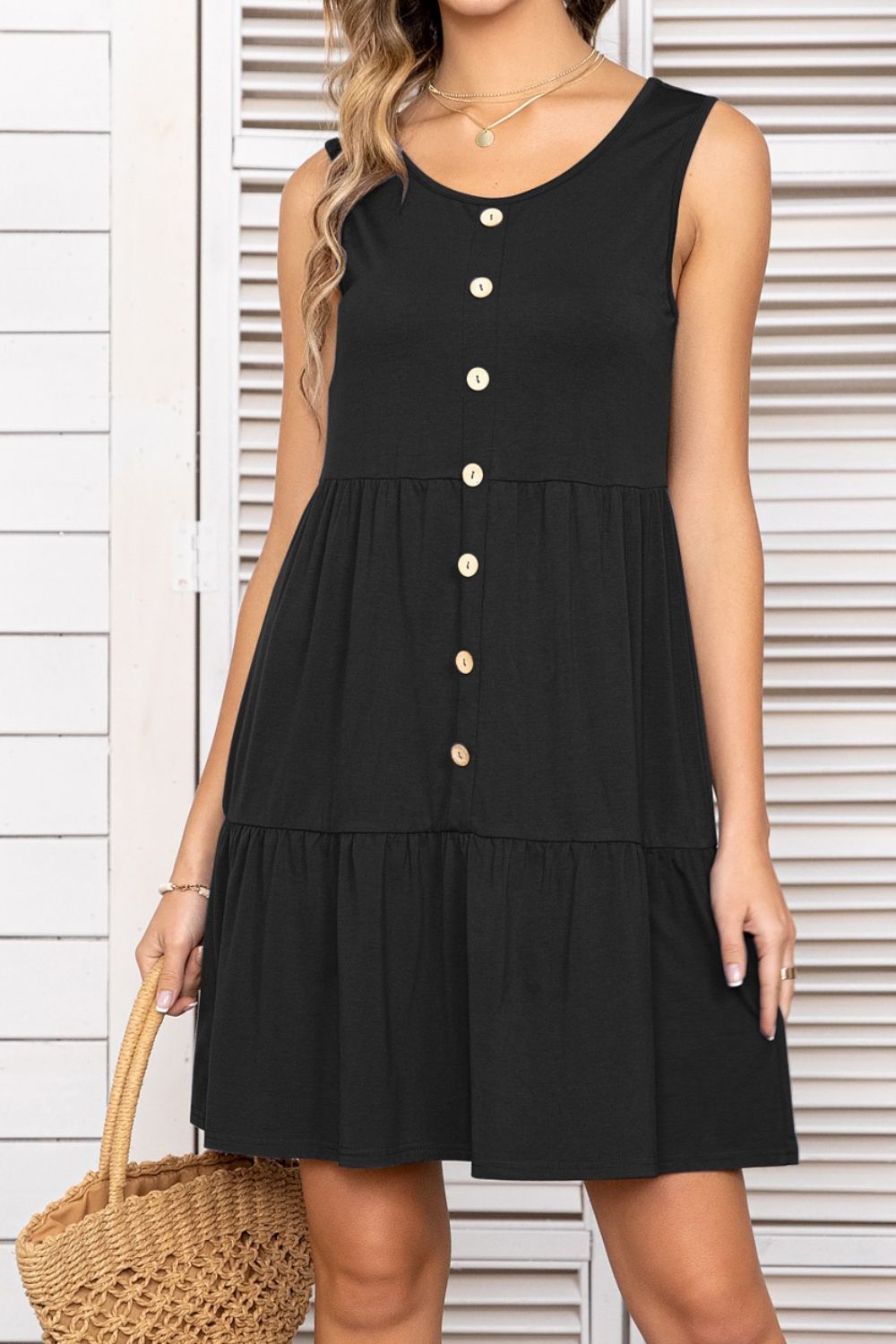 Decorative Button Scoop Neck Sleeveless Tiered Dress  Dresses- Doll Fits