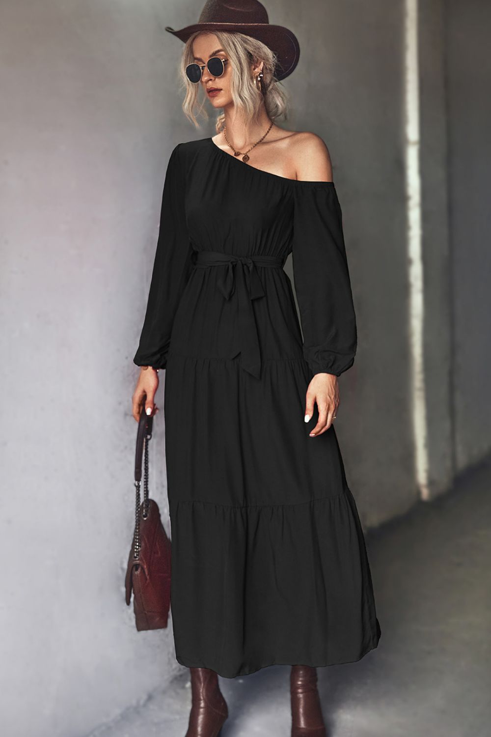Belted One-Shoulder Tiered Maxi Dress  Dresses- Doll Fits
