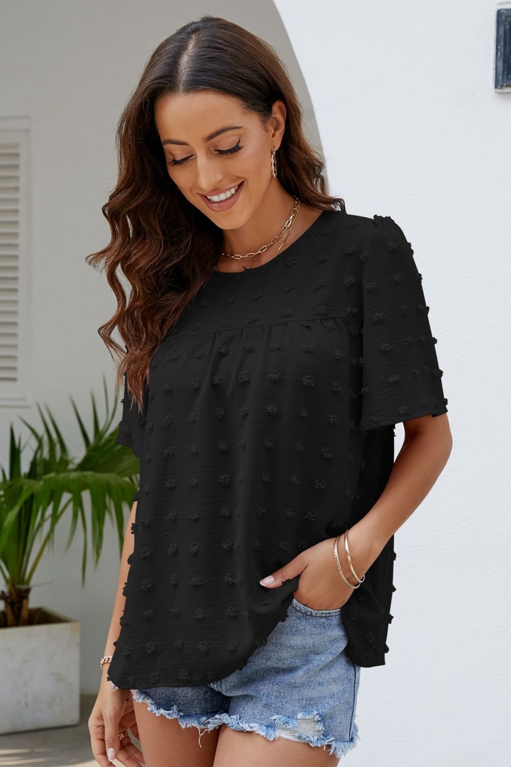 Swiss Dot Puff Sleeve Round Neck Blouse  Shirts & Tops- Doll Fits