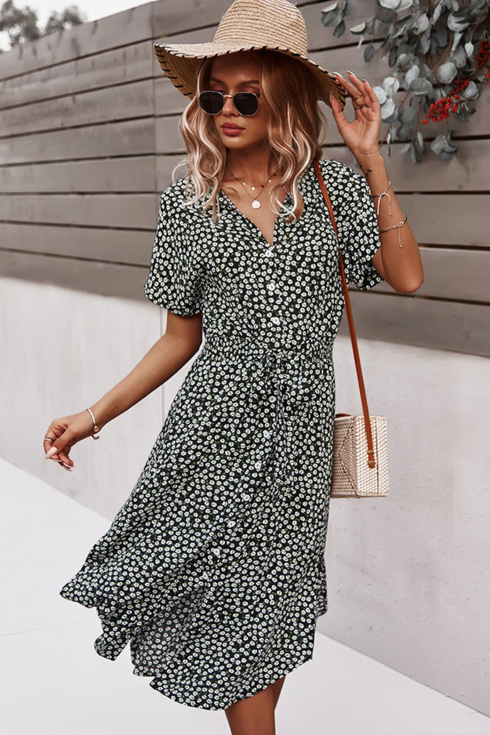 Floral Tie Front Slit Dress  Dresses- Doll Fits