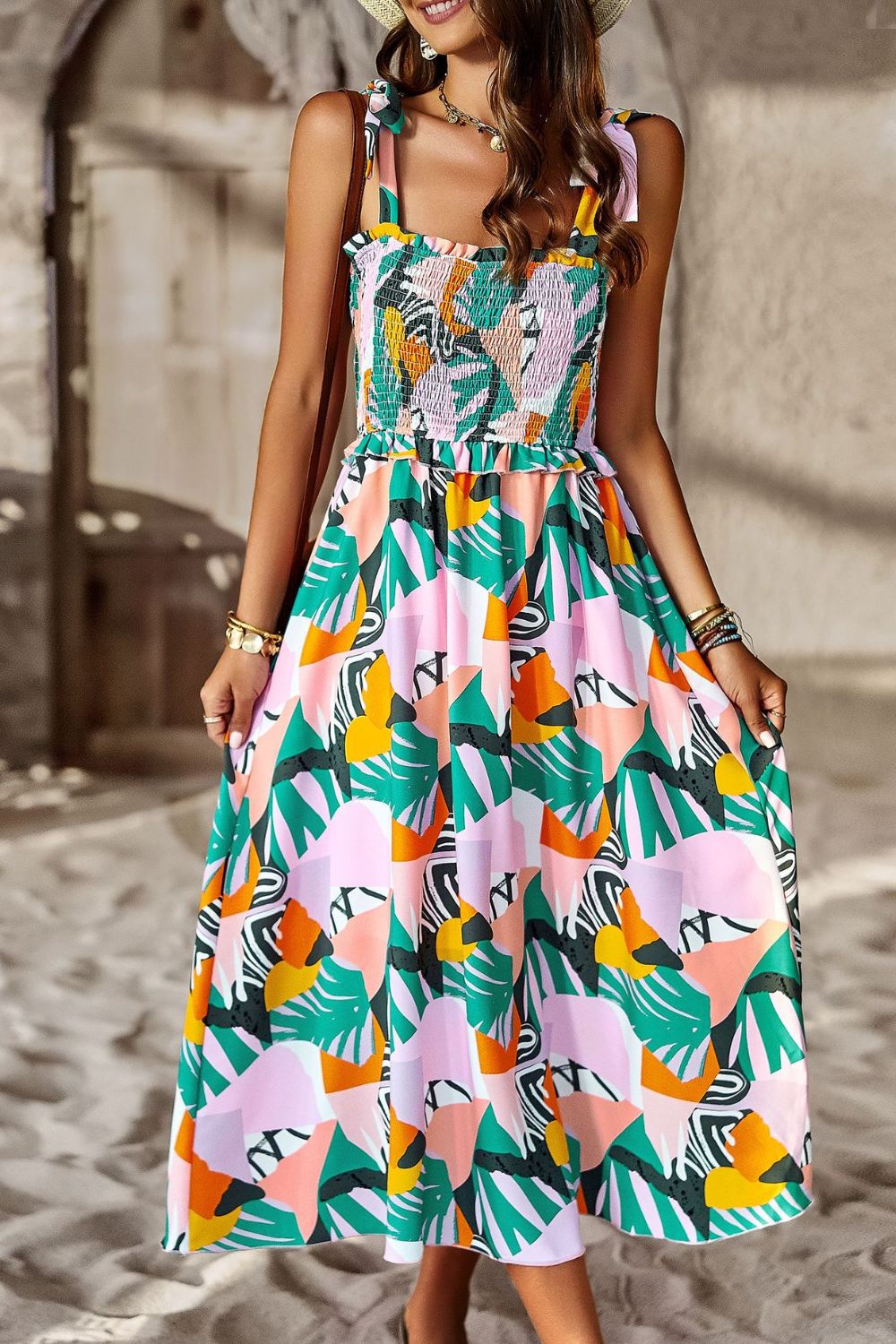 Printed Smocked Tie Shoulder Dress  Dresses- Doll Fits