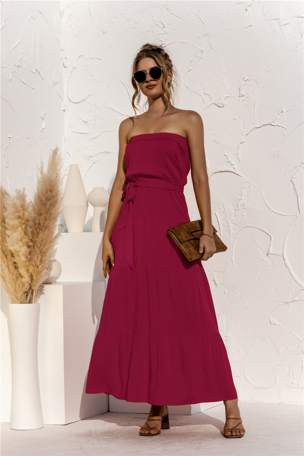 Strapless Tie Waist Tiered Maxi Dress  Dresses- Doll Fits