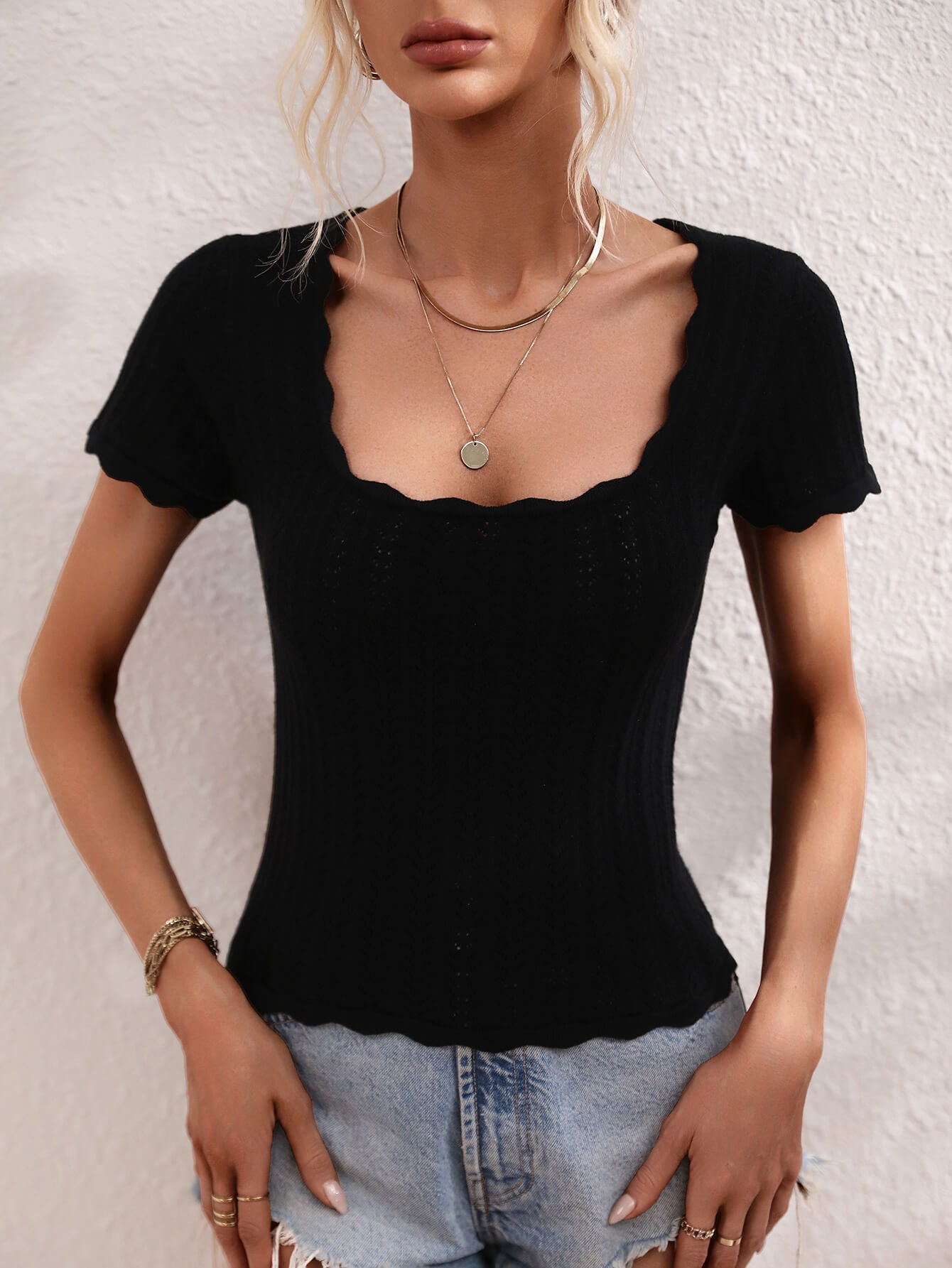 Scalloped Hem Square Neck Knit Top  Shirts & Tops- Doll Fits