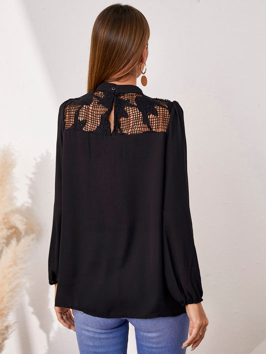 Openwork Round Neck Puff Sleeve Blouse  - Doll Fits
