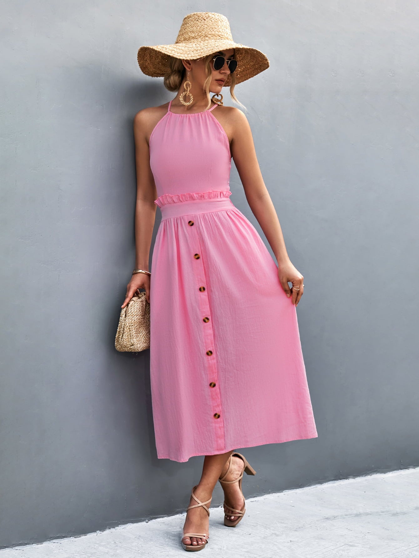 Buttoned Halter Neck Frill Trim Midi Dress  Dresses- Doll Fits