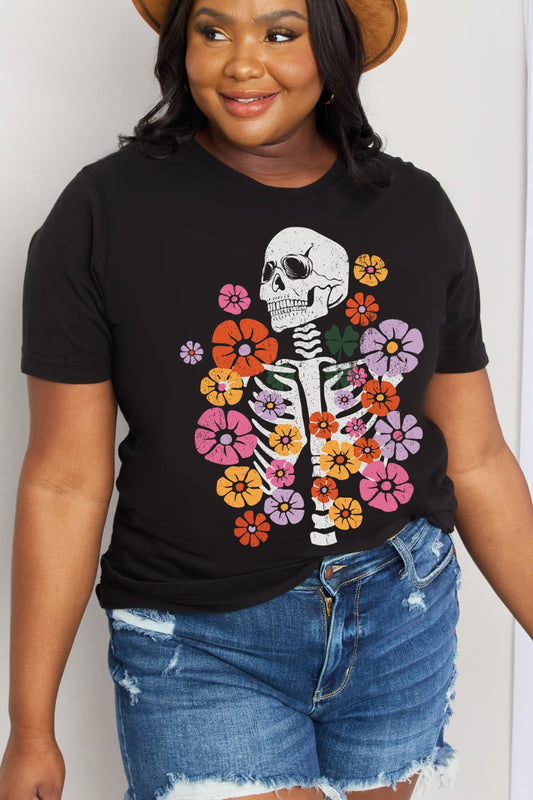 Simply Love Simply Love Full Size Skeleton & Flower Graphic Cotton Tee  - Doll Fits