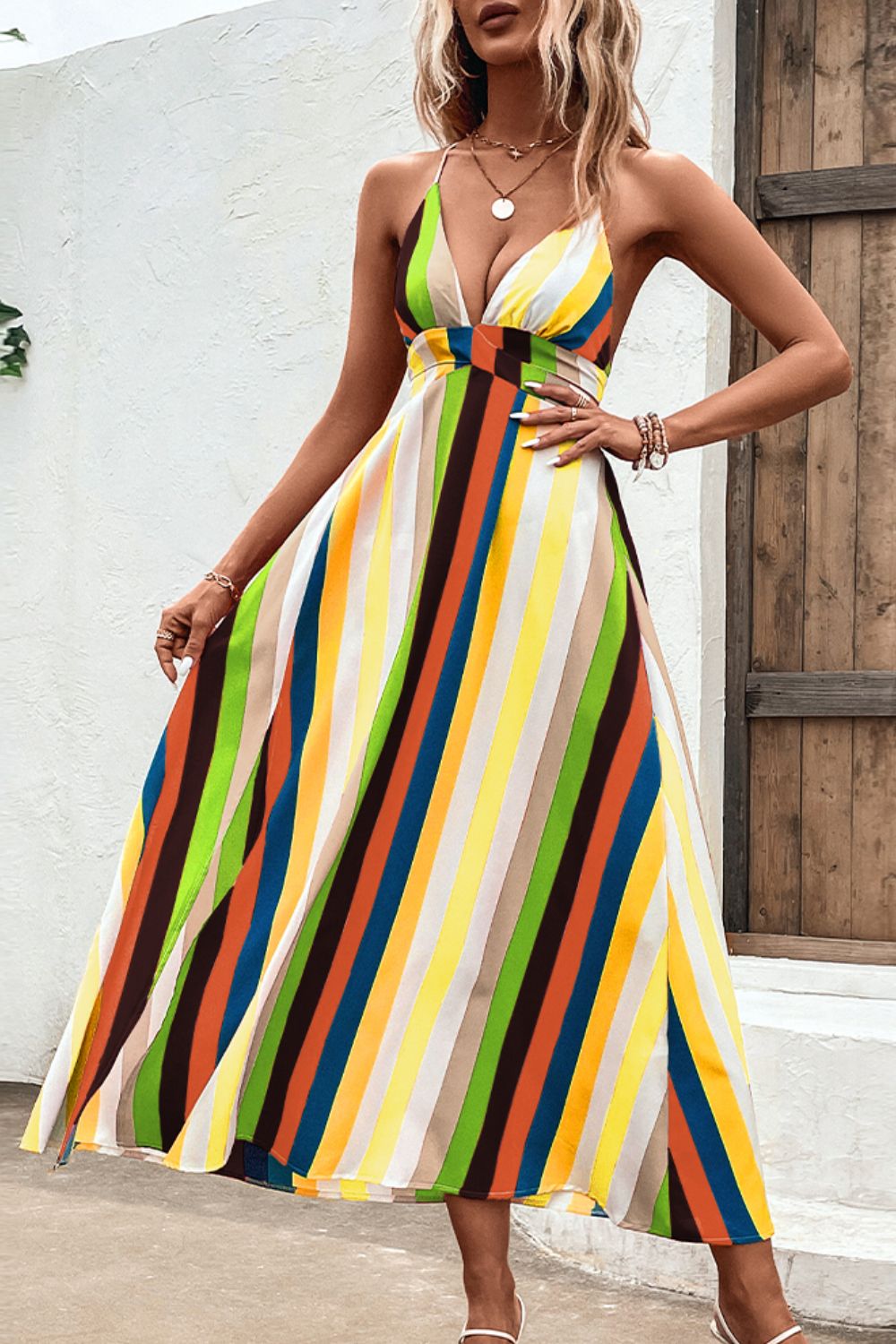 Multicolored Stripe Crisscross Backless Dress  Dresses- Doll Fits