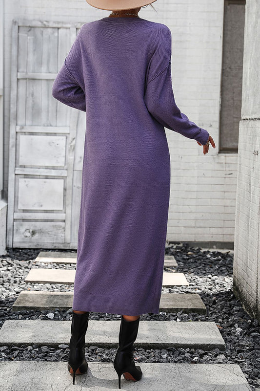 Notched Neck Dropped Shoulder Button-Down Midi Dress  Dresses- Doll Fits