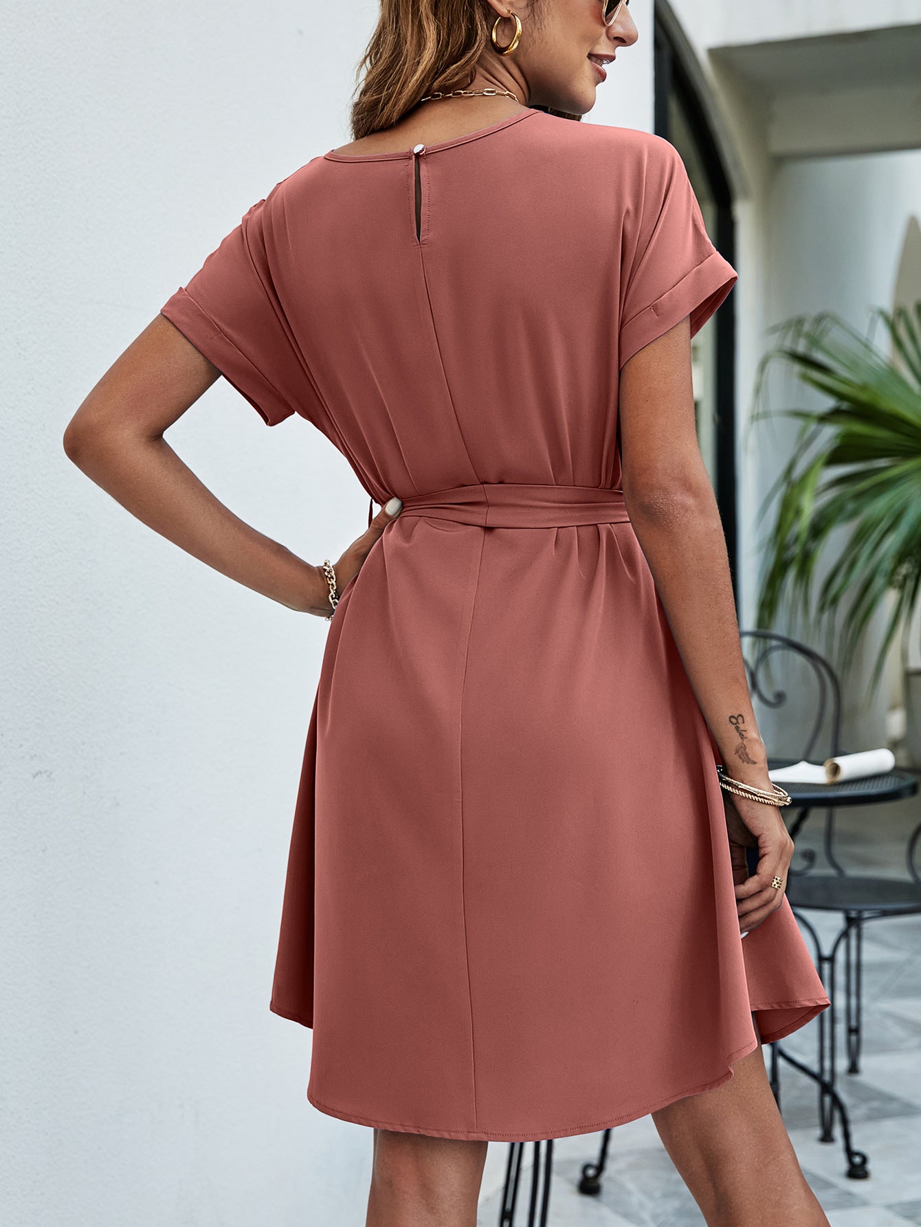 Belted Round Neck Curved Hem Dress  Dresses- Doll Fits