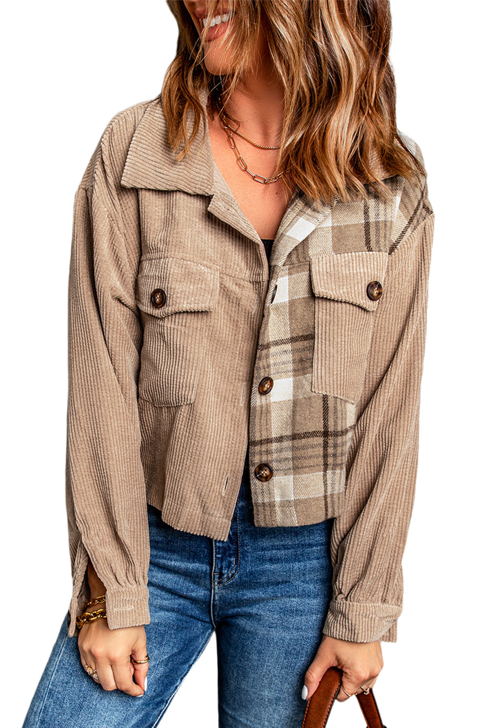 Plaid Corduroy Dropped Shoulder Jacket  Coats & Jackets- Doll Fits