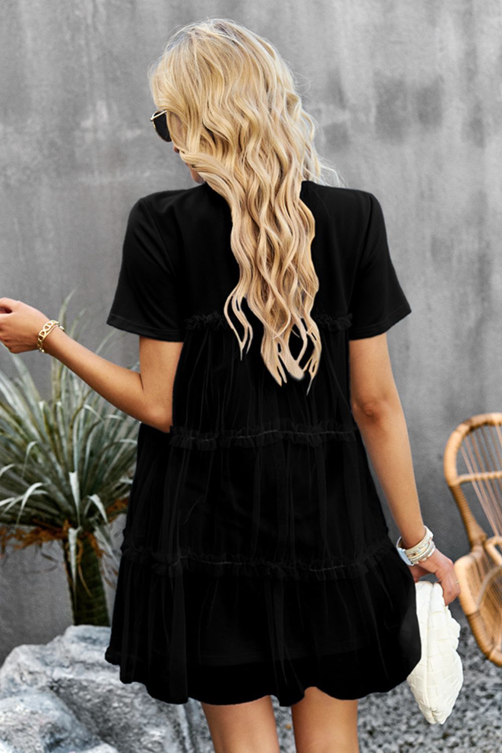 Frill Trim Spliced Mesh Mini Dress  Dresses- Doll Fits