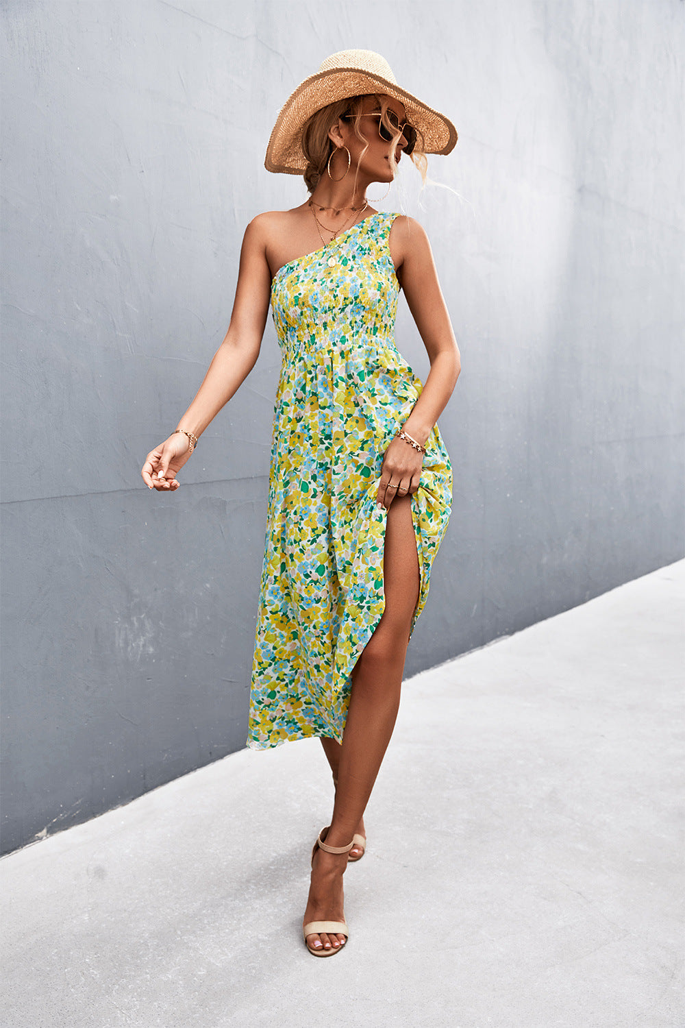 Floral Smocked One-Shoulder Midi Dress  Dresses- Doll Fits