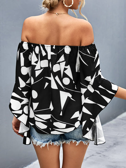 Printed Off-Shoulder Bell Sleeve Blouse  Shirts & Tops- Doll Fits