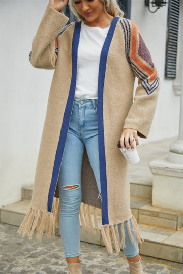 Double Take Geometric Fringe Hem Open Front Duster Cardigan  - Doll Fits