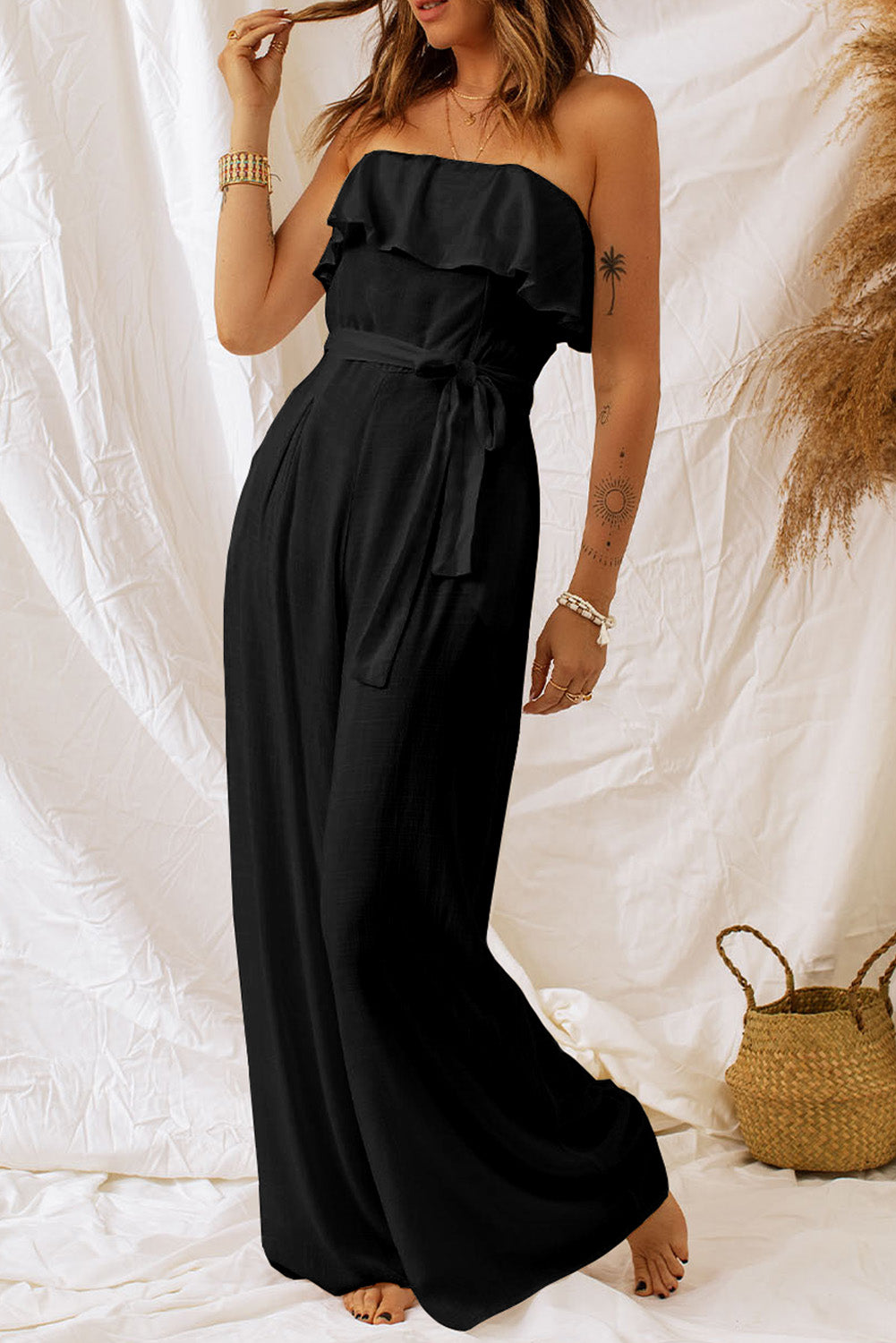 Tie-Waist Ruffled Strapless Wide Leg Jumpsuit  Jumpsuits & Rompers- Doll Fits