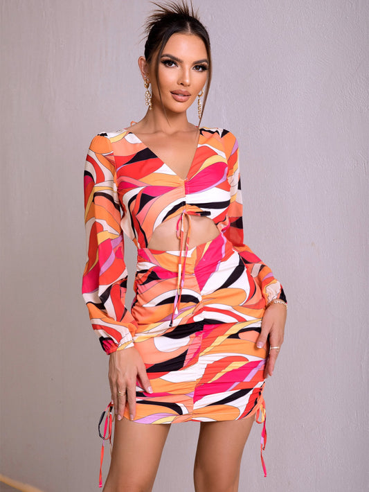 Printed Open Back Cutout Drawstring Mini Dress  Dresses- Doll Fits