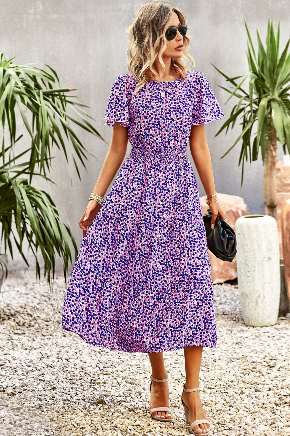 Floral Puff Sleeve Tiered Midi Dress  Dresses- Doll Fits