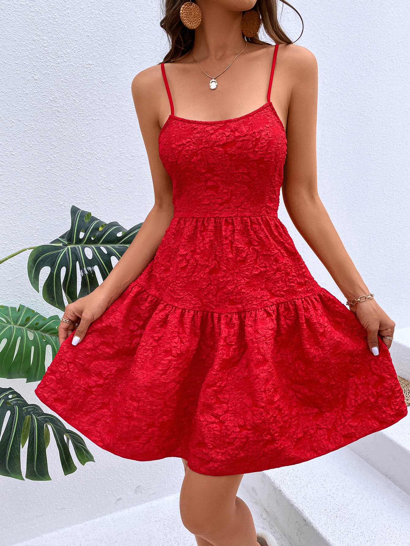 Textured Spaghetti Strap Cutout Dress  Dresses- Doll Fits