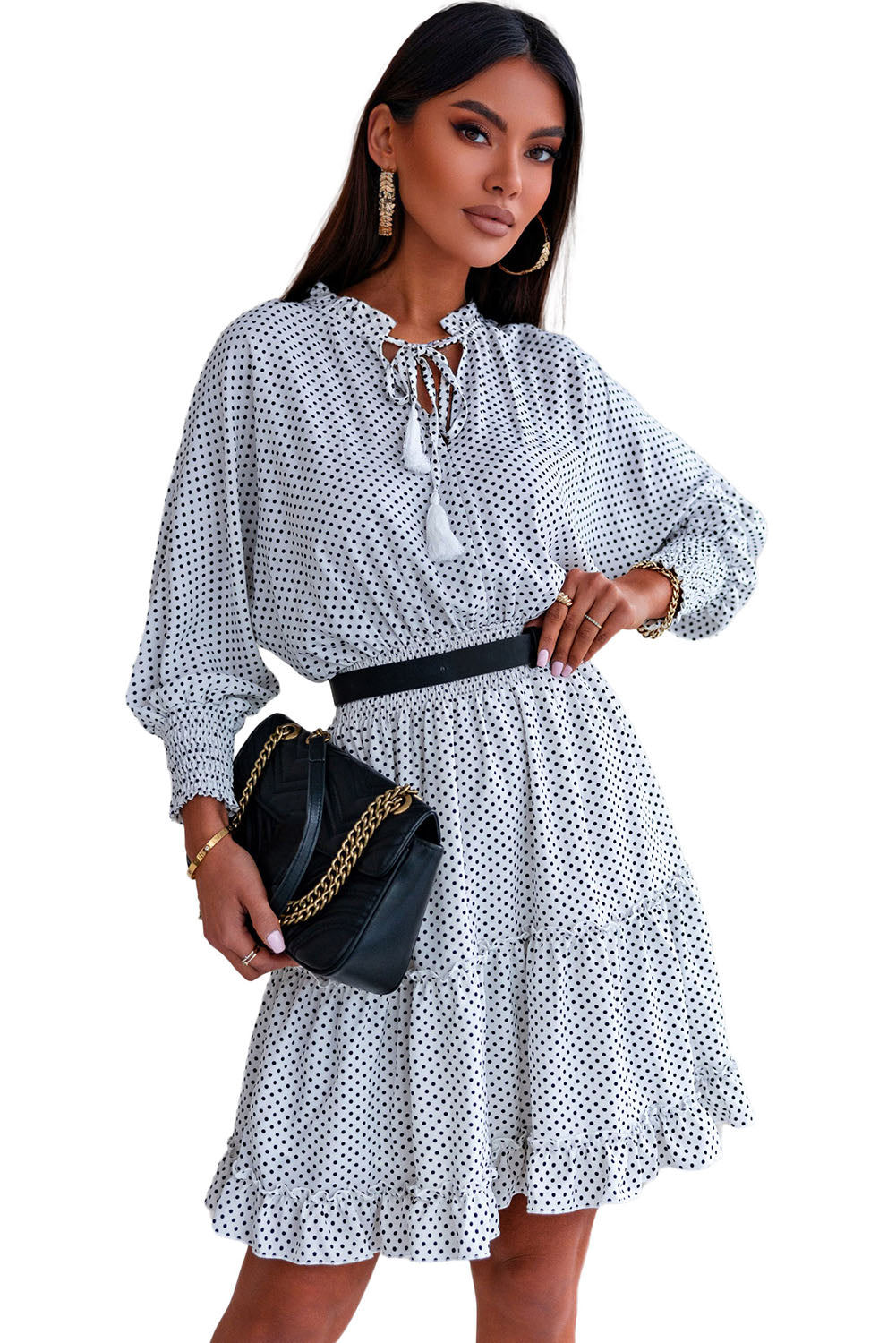 Polka Dot Tassel Tie Ruffle Hem Dress  Dresses- Doll Fits
