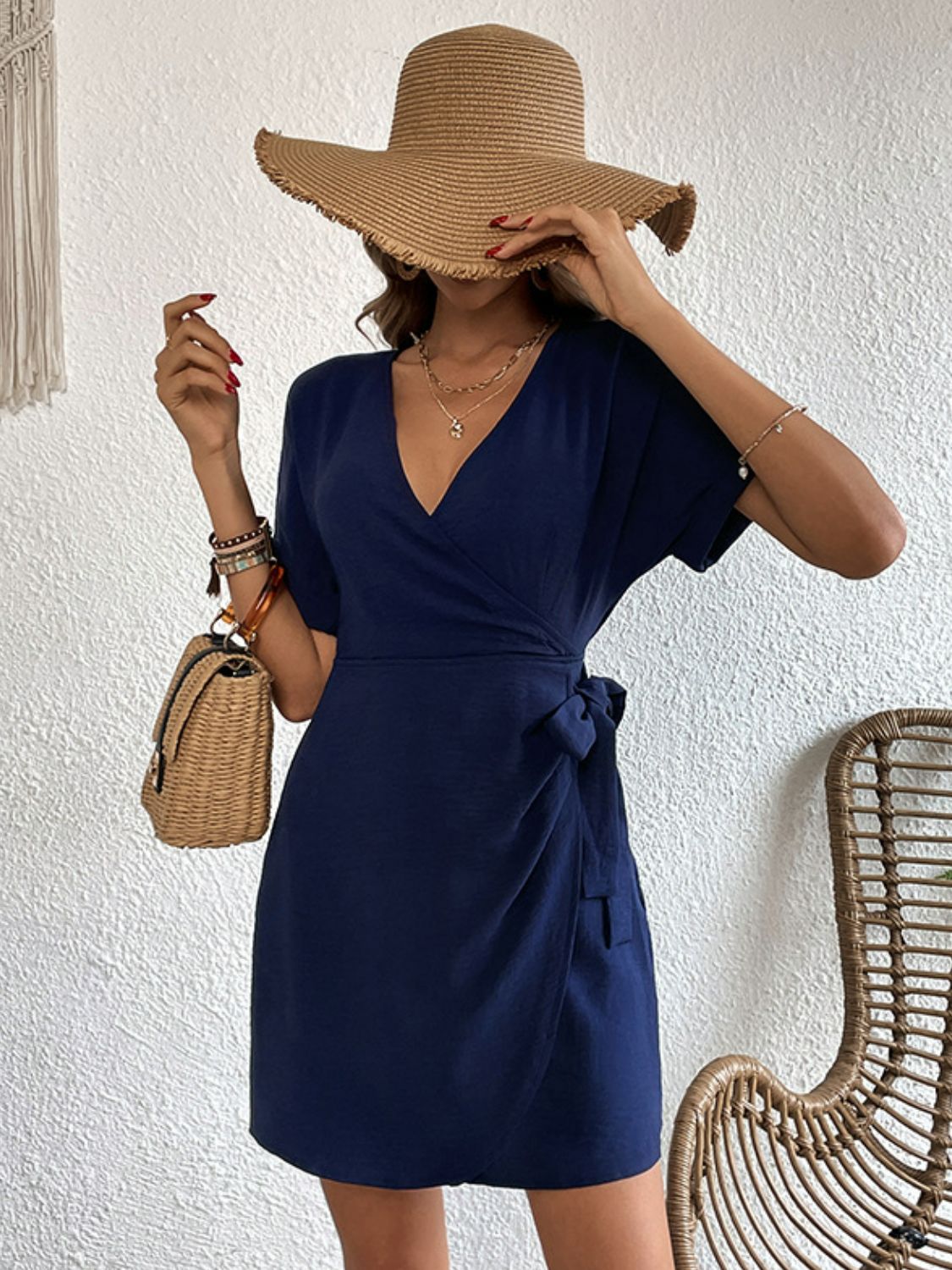 Tied Cuffed Sleeve Surplice Dress  Dresses- Doll Fits