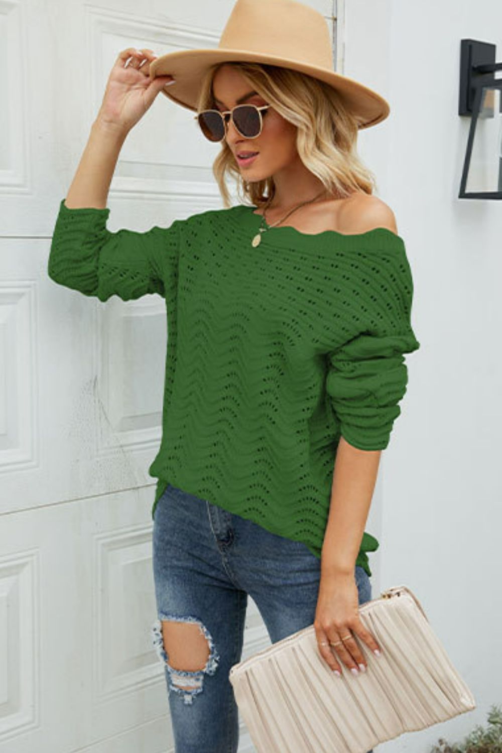 Scalloped Boat Neck Openwork Tunic Sweater  Shirts & Tops- Doll Fits