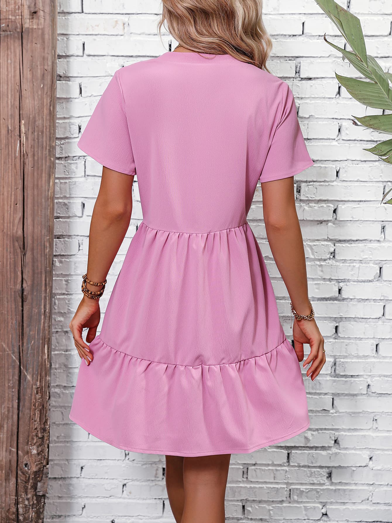 Short Sleeve Buttoned Tiered Dress  Dresses- Doll Fits