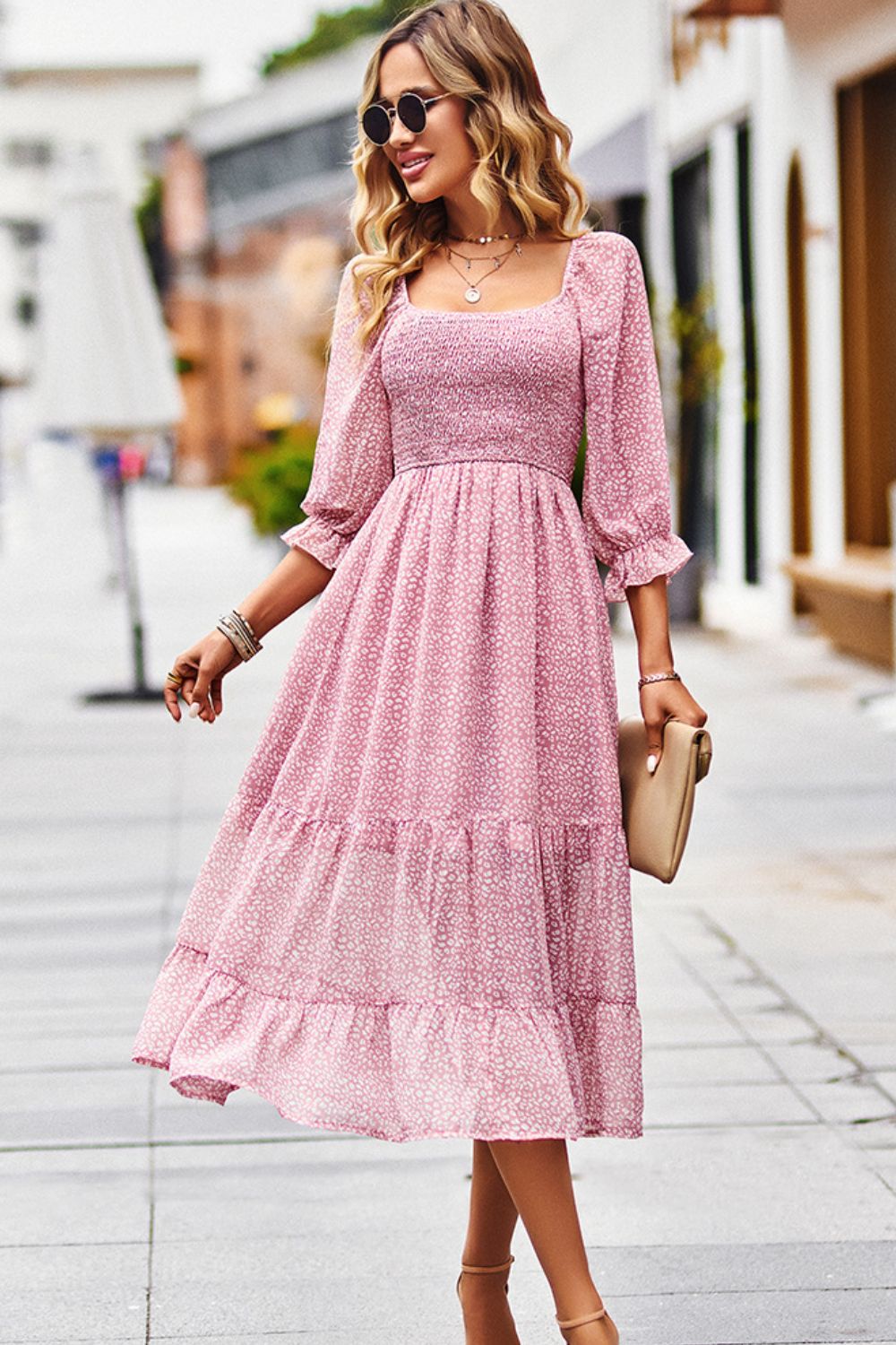 Leopard Square Neck Flounce Sleeve Midi Dress  Dresses- Doll Fits