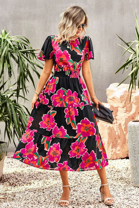 Floral Puff Sleeve Tiered Midi Dress  Dresses- Doll Fits