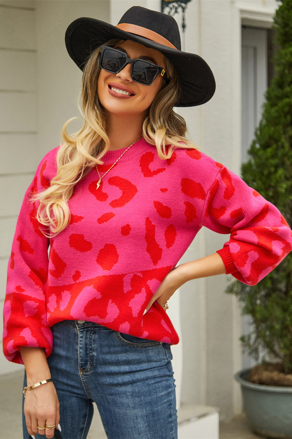 Woven Right Leopard Round Neck Dropped Shoulder Sweater  - Doll Fits