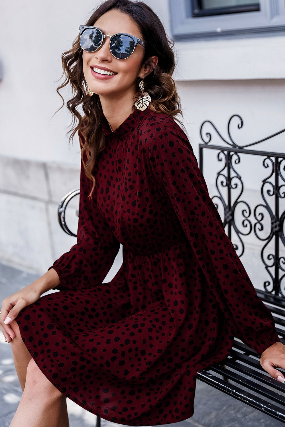 Printed Mock Neck Long Sleeve Midi Dress  Dresses- Doll Fits