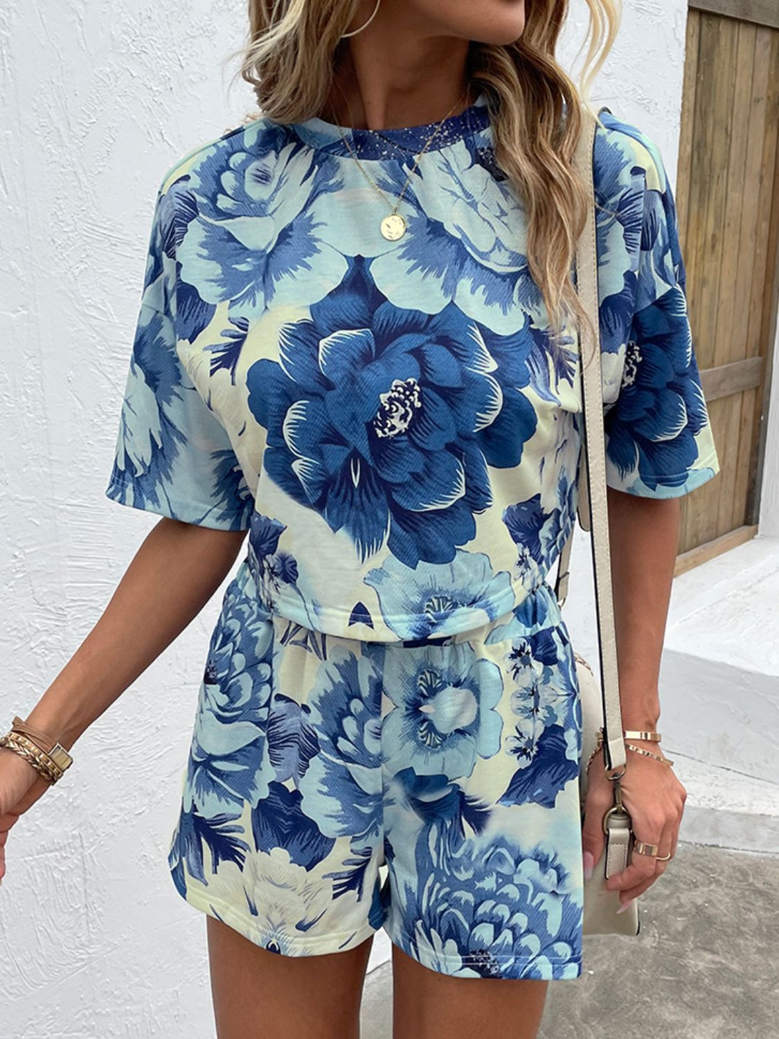 Floral Print Round Neck Dropped Shoulder Half Sleeve Top and Shorts Set  Outfit Sets- Doll Fits