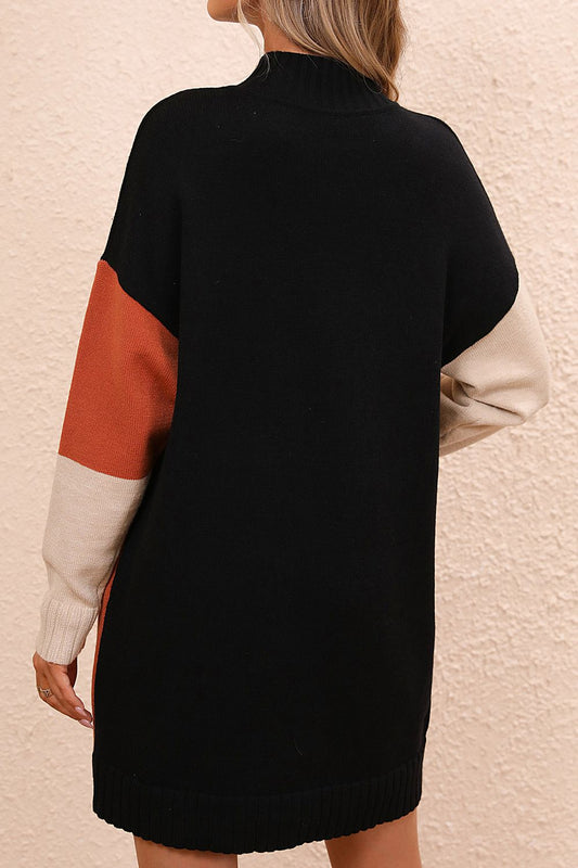 Color Block Mock Neck Dropped Shoulder Sweater Dress  Dresses- Doll Fits