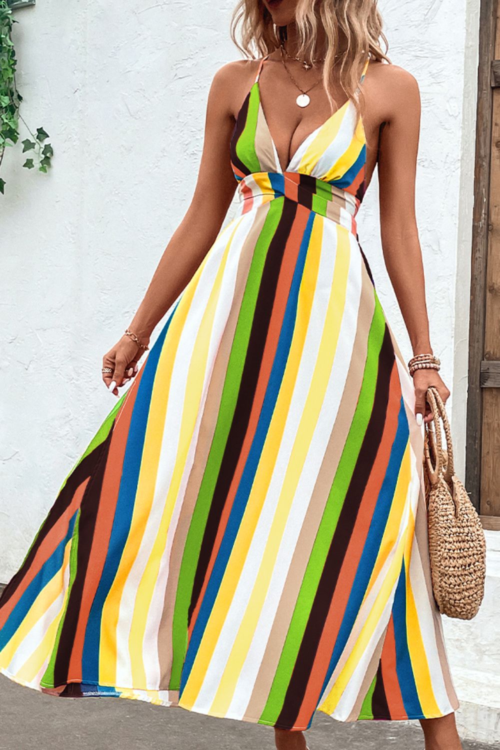 Multicolored Stripe Crisscross Backless Dress  Dresses- Doll Fits