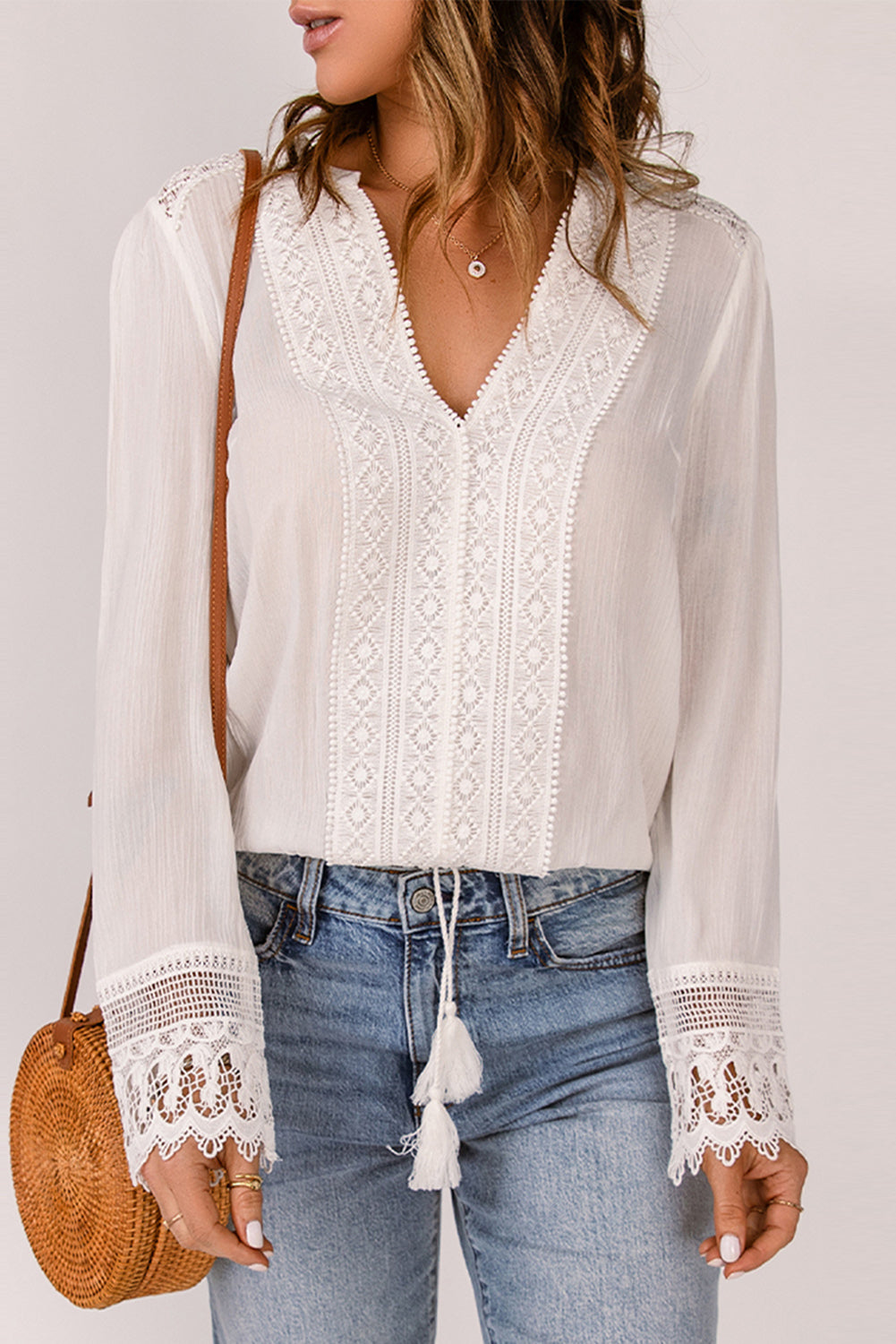 Spliced Lace V-Neck Long Sleeve Blouse  Shirts & Tops- Doll Fits