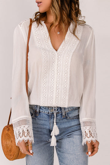 Spliced Lace V-Neck Long Sleeve Blouse  Shirts & Tops- Doll Fits