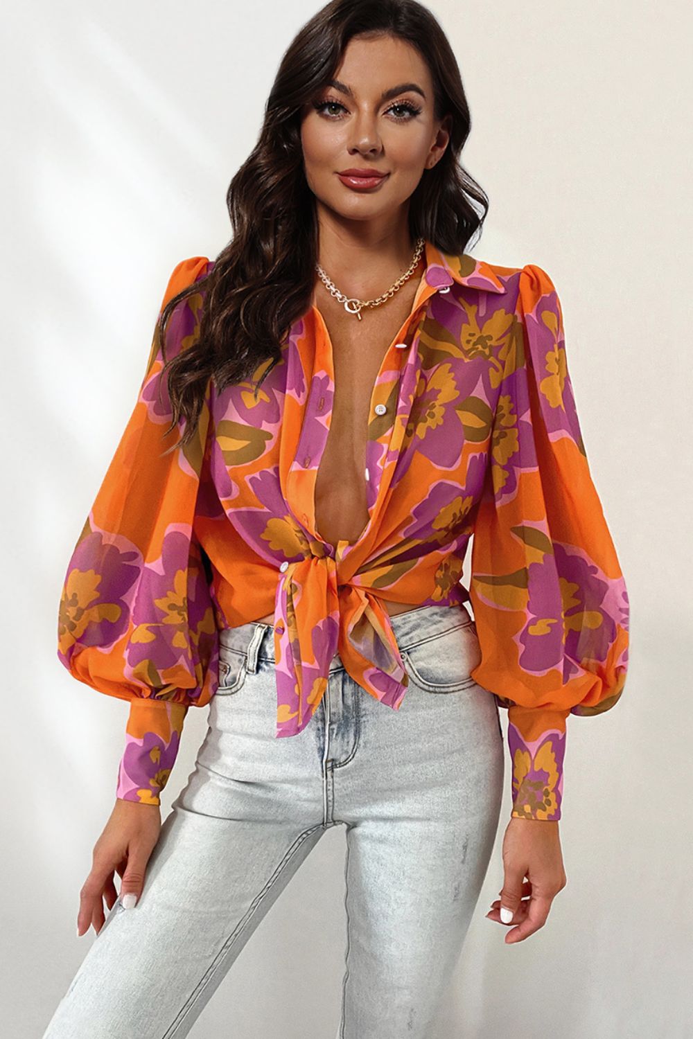 Double Take Flower Print Collared Neck Lantern Sleeve Shirt  - Doll Fits