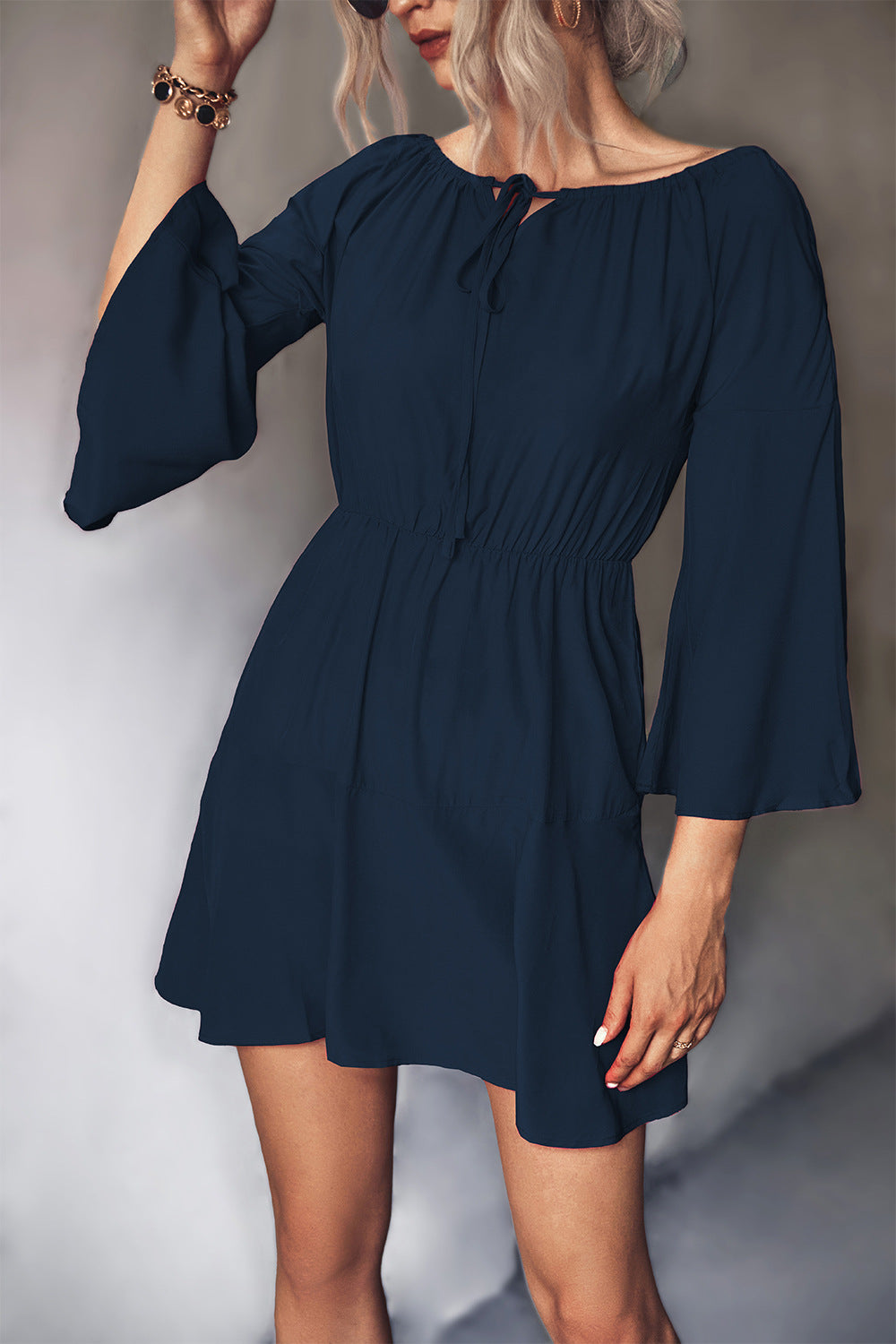 Tie Neck Flare Sleeve Mini Dress  Dresses- Doll Fits