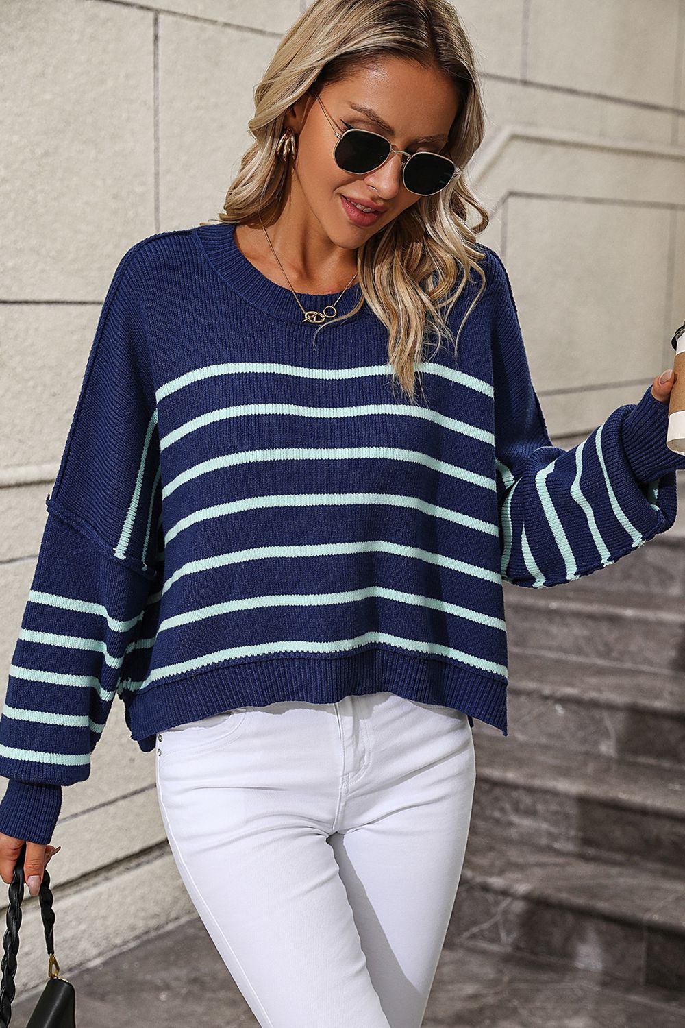 Striped Dropped Shoulder Round Neck Pullover Sweater  - Doll Fits