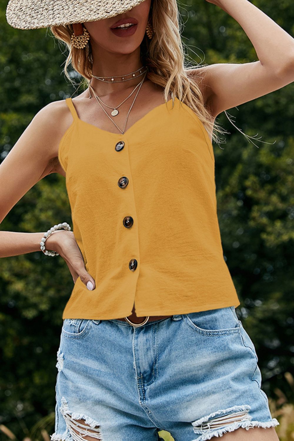 Buttoned V-Neck Spaghetti Strap Cami  Shirts & Tops- Doll Fits
