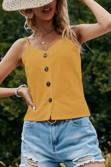 Buttoned V-Neck Spaghetti Strap Cami  Shirts & Tops- Doll Fits