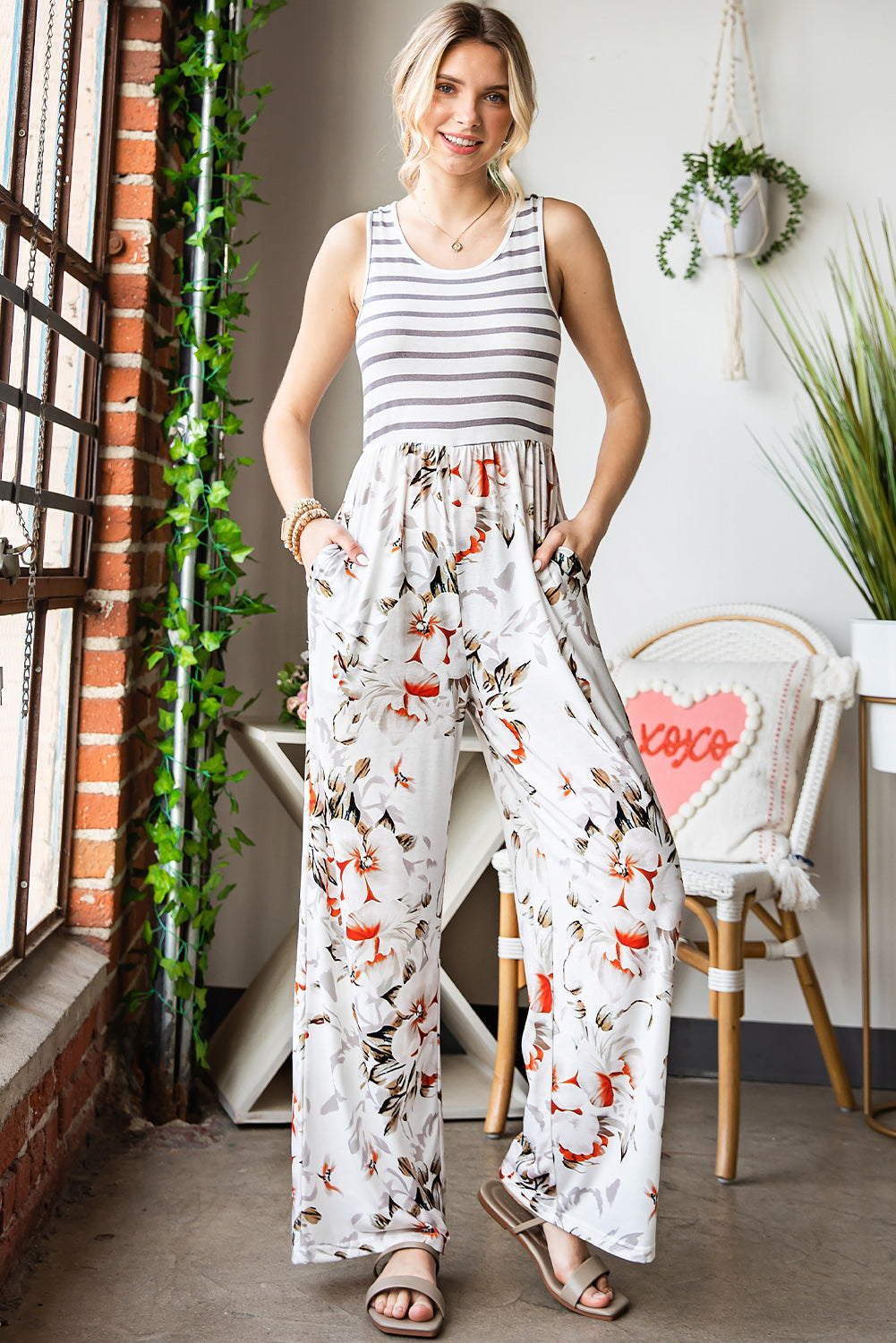 Striped Floral Sleeveless Wide Leg Jumpsuit with Pockets  Jumpsuits & Rompers- Doll Fits