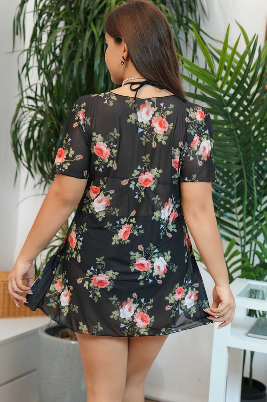 Plus Size Floral Slit Three-Piece Swim Set  Swimwear- Doll Fits