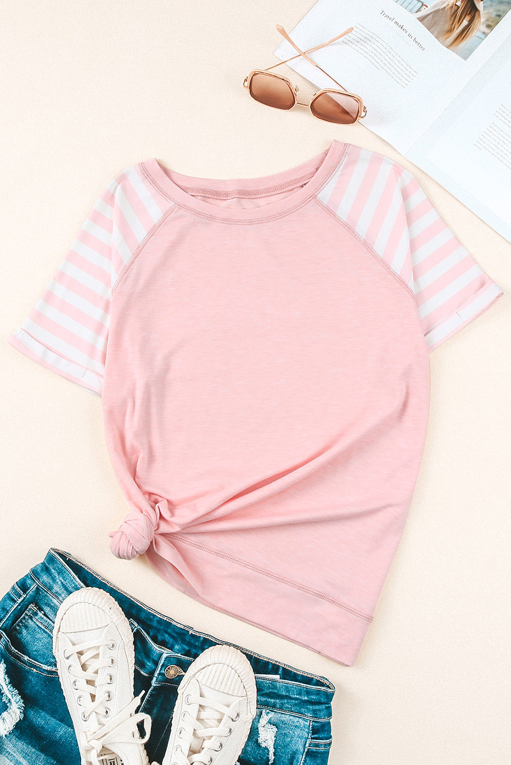 Striped Round Neck Raglan Sleeve Tee  Shirts & Tops- Doll Fits
