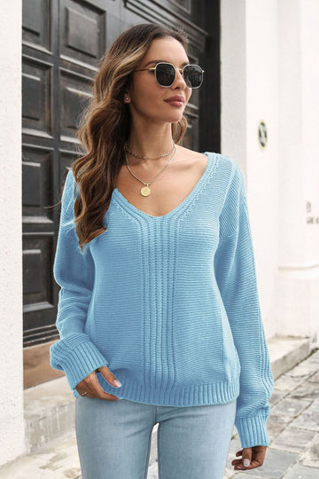 Ribbed Scoop Neck Long Sleeve Pullover Sweater  - Doll Fits