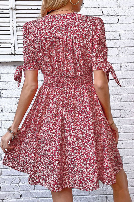 Ditsy Floral Tied Puff Sleeve Button Front Dress  Dresses- Doll Fits