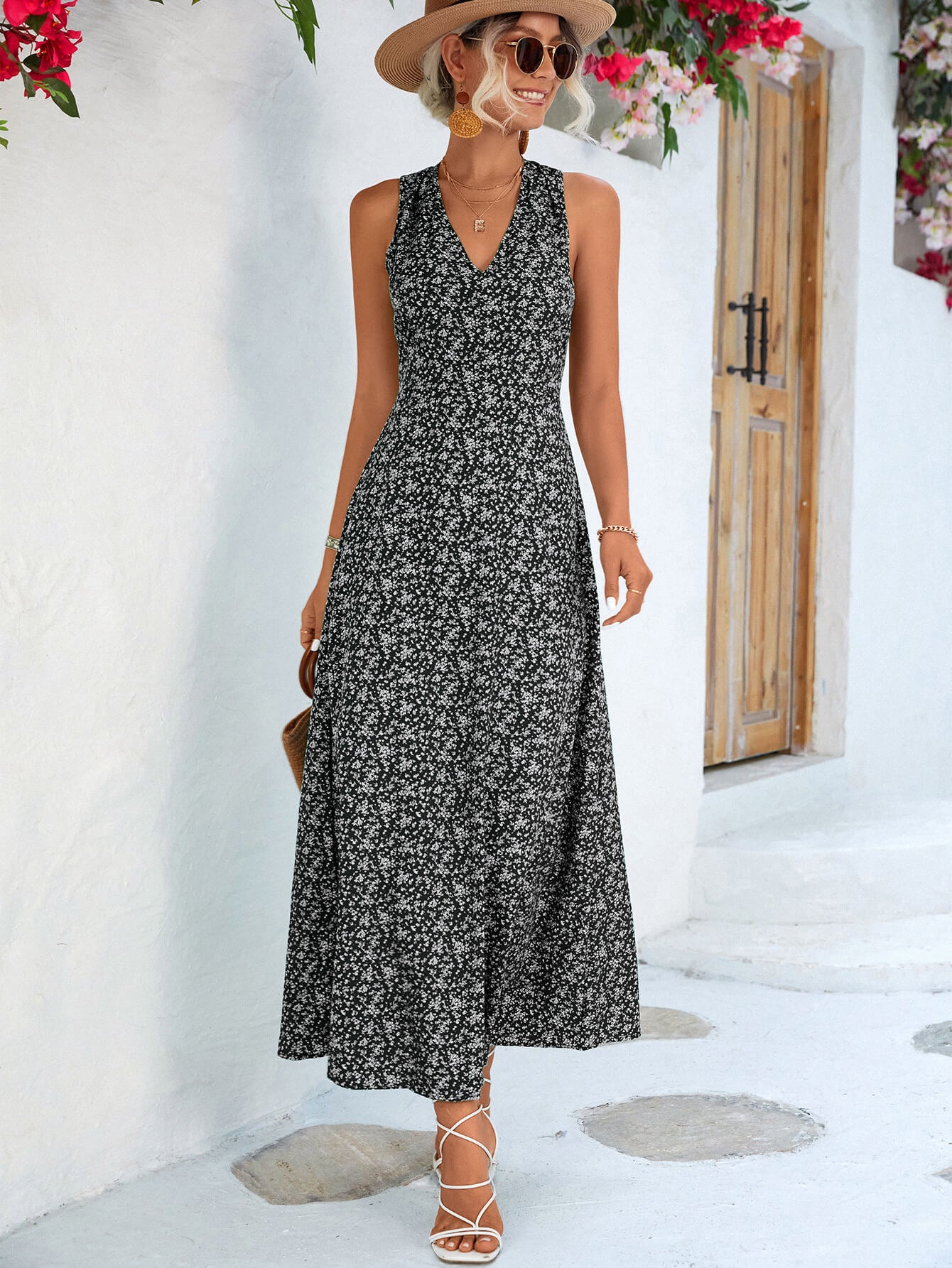 Printed Open Back Sleeveless Maxi Dress  Dresses- Doll Fits