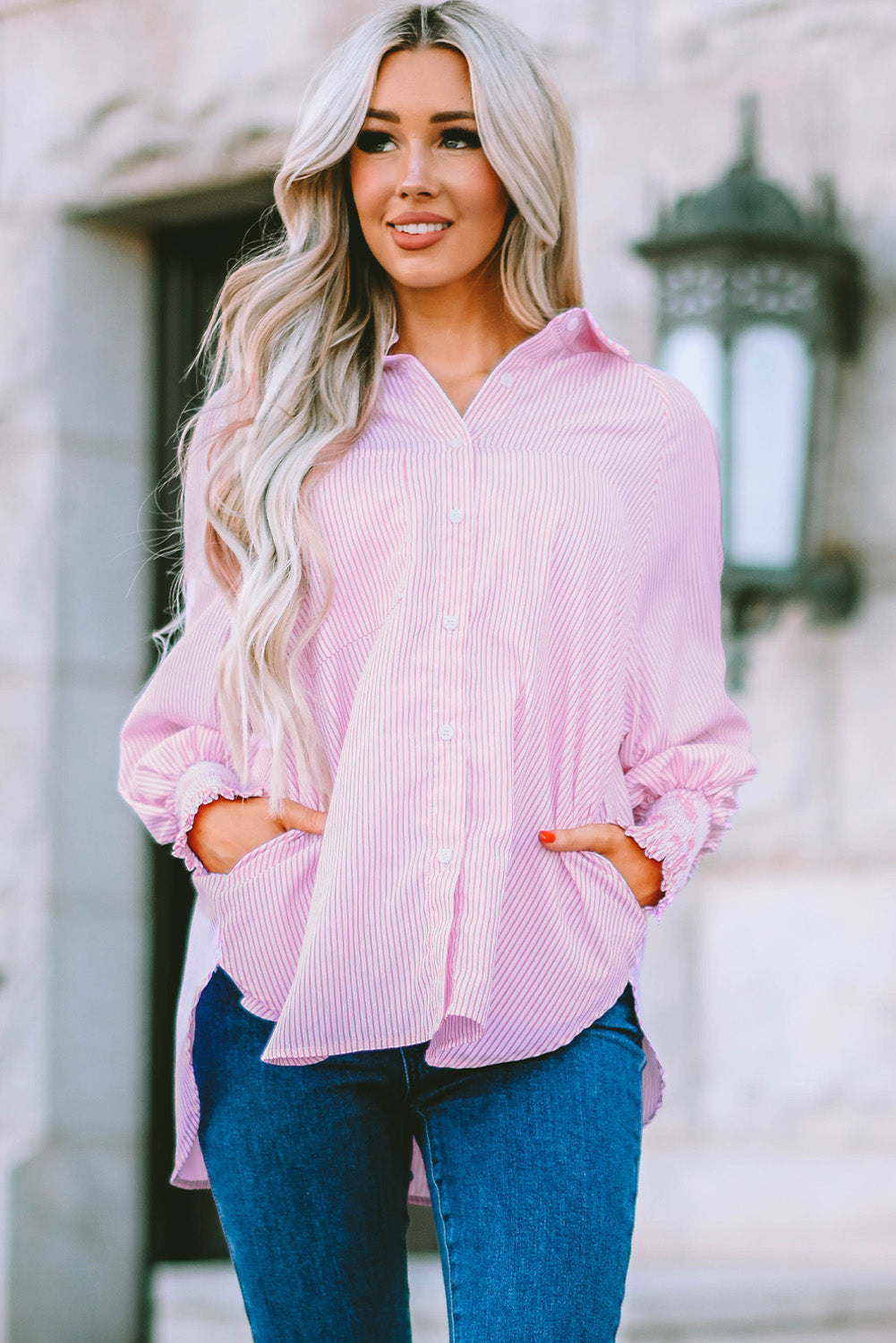 Striped Lantern Sleeve Collared Shirt  Shirts & Tops- Doll Fits