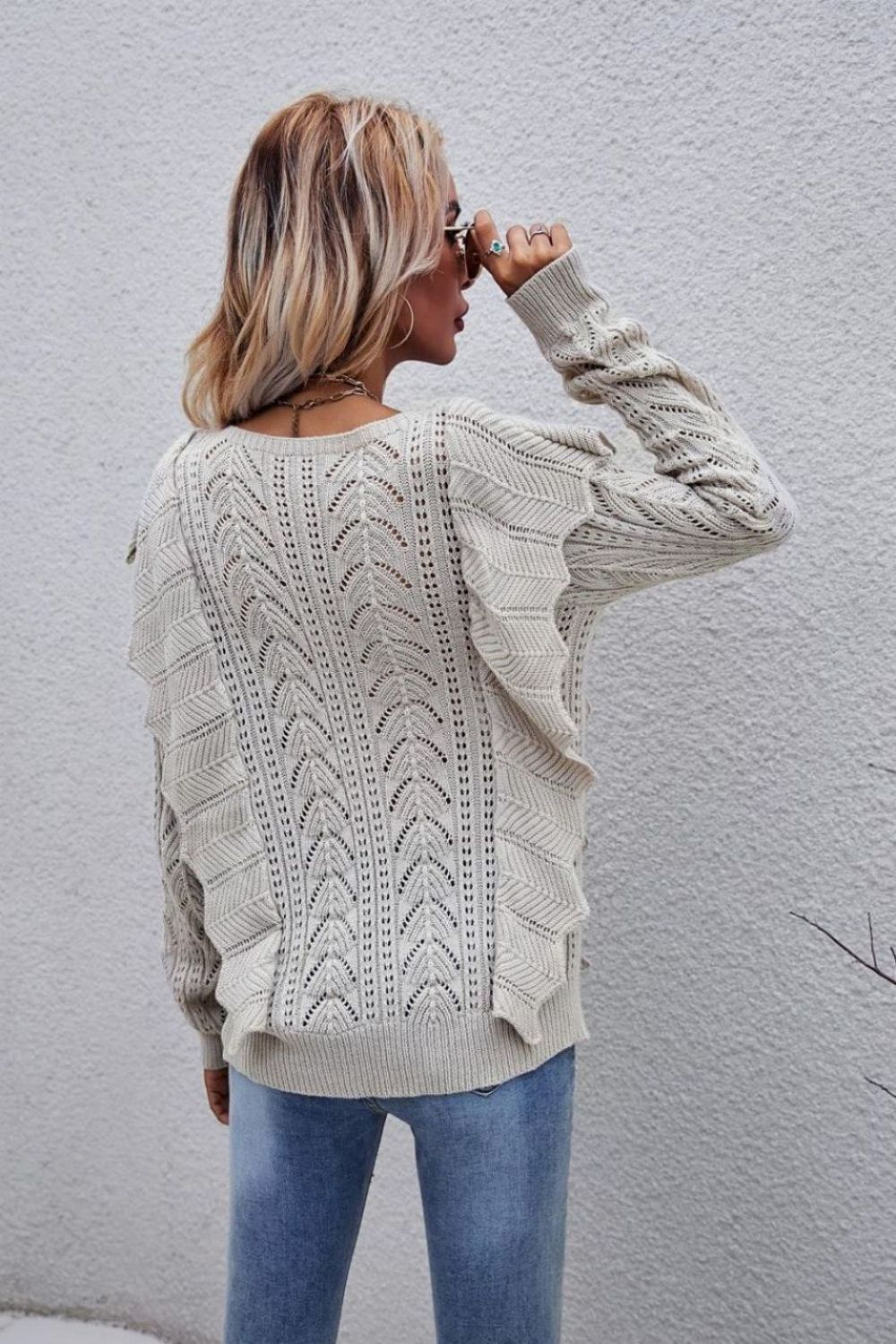Openwork Round Neck Ruffled Sweater  Shirts & Tops- Doll Fits